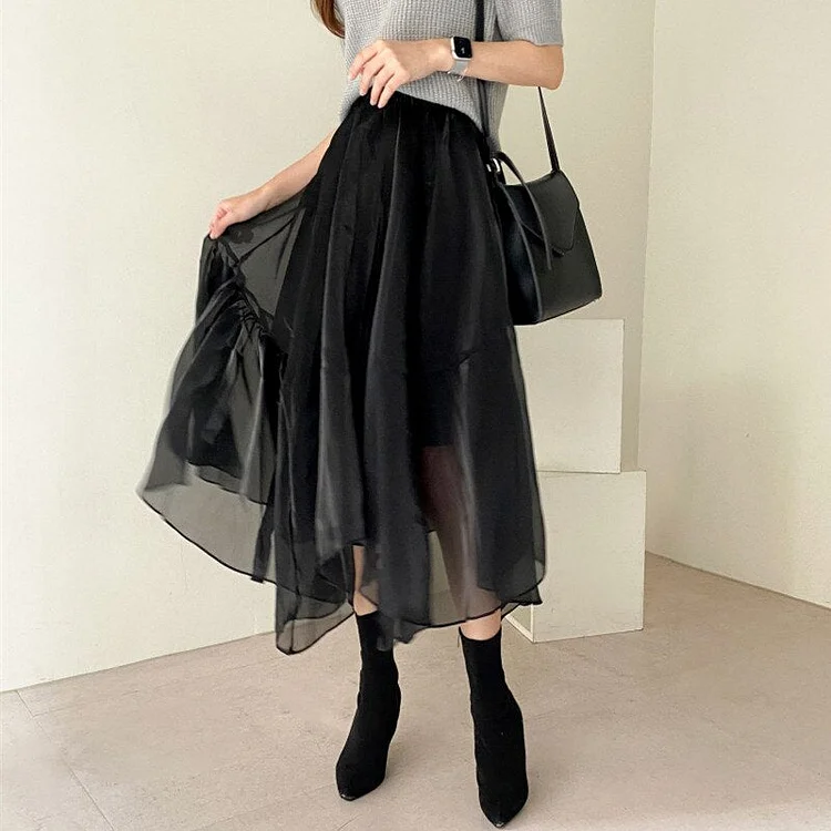 Elegant High Waist Solid Color Irregular Stitching Streamer Skirt  