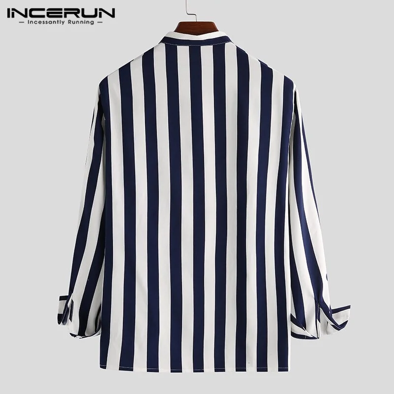 INCERUN Fashion Mens Striped Shirt Loose Breathable V Neck 2022 Streetwear Long Sleeve Casual Brand Shirts Camisas Hombre S-5XL
