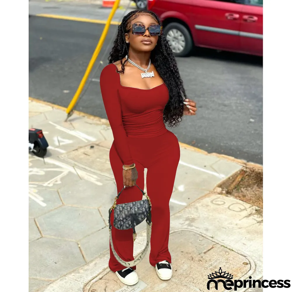 Solid Long Sleeve Two Piece Pants Sets