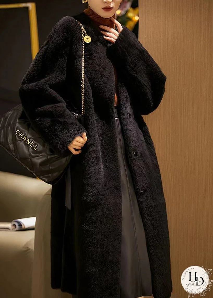 Women Black O Neck PocketsPatchwork Wool Coat Winter