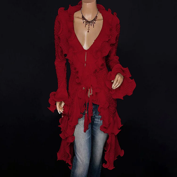 Fashion Ruffled Deep V Neck Long Sleeve Mid-Length Blouse