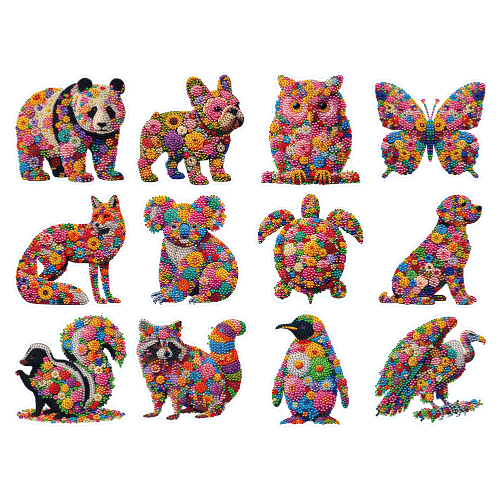 12 Pcs Flower Animals 5D Diamond Painting Sticker Kit Diamond Art Stickers