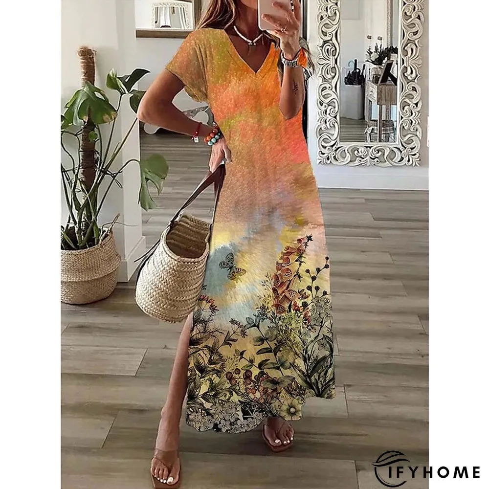 Womens Long Dress Maxi Casual Line Print Flower Fashion Streetwear Daily Date Vacation | IFYHOME
