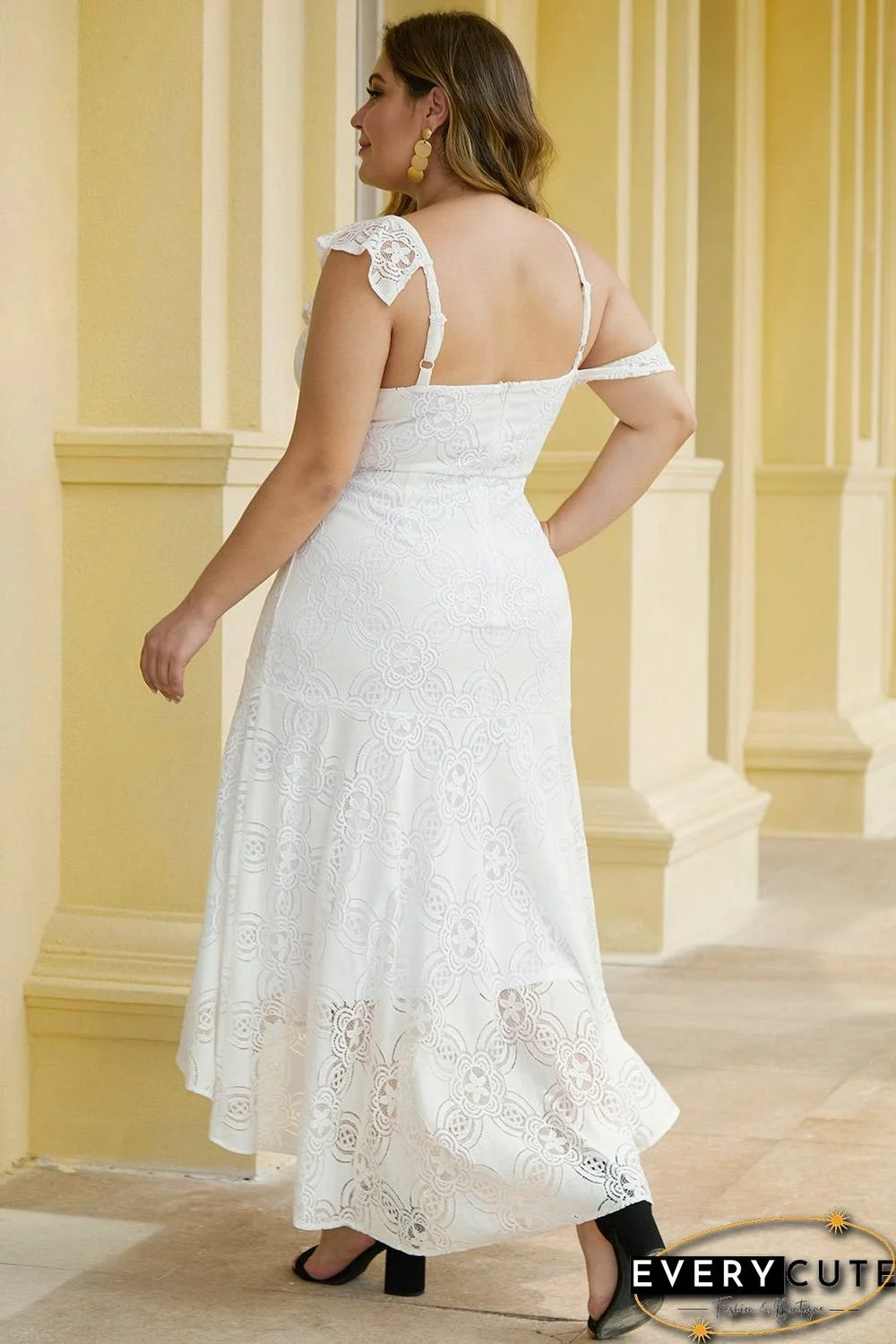 White Asymmetric Ruffle Shoulder Design Plus Size Lace Dress