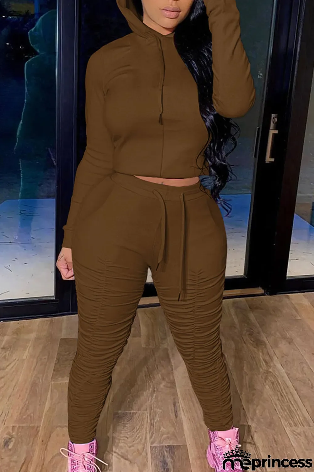 Green Fashion Solid Fold Hooded Collar Long Sleeve Two Pieces