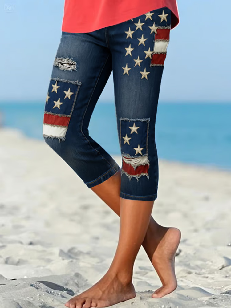 Comstylish Women's Retro Independence Day Flag Print Jeans