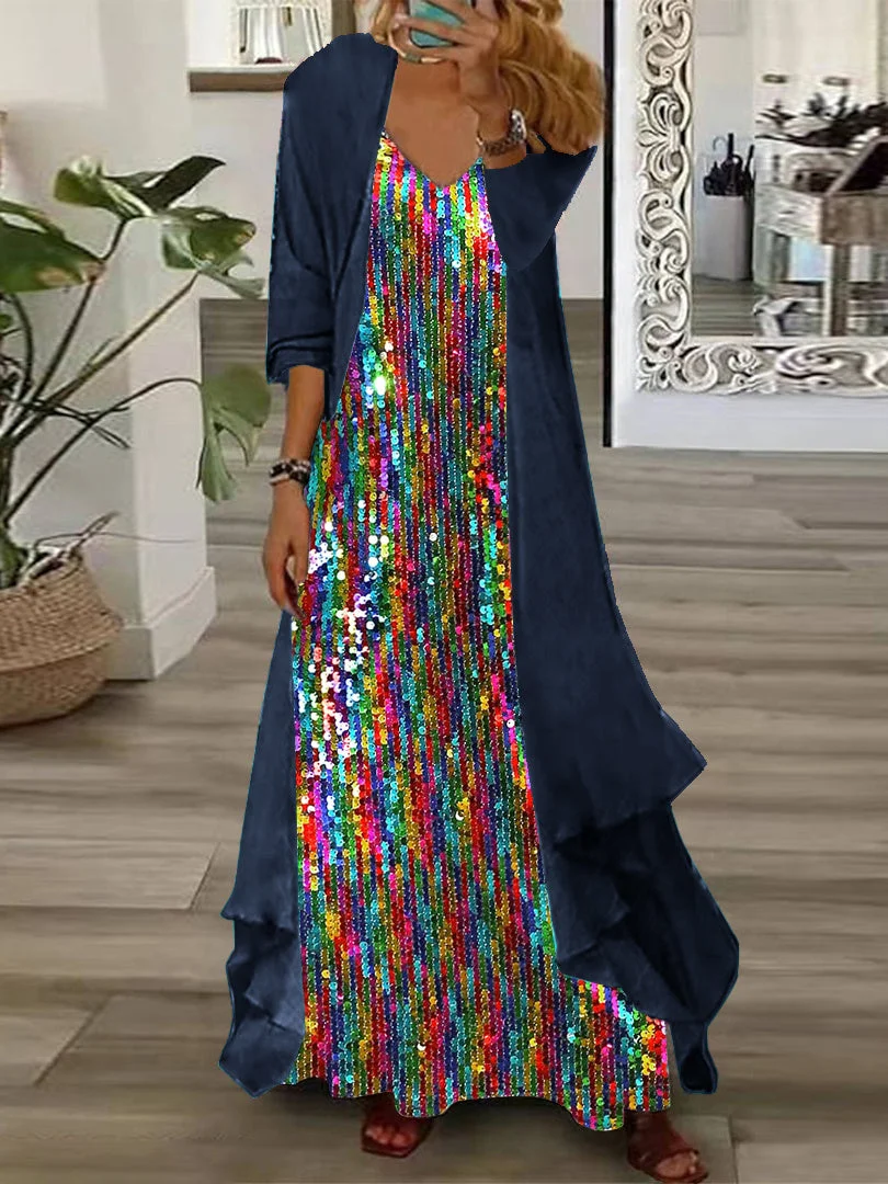 Women plus size clothing Women's Long Sleeve V-neck Sequins Graphic Printed Two Pieces Maxi Dress-Nordswear