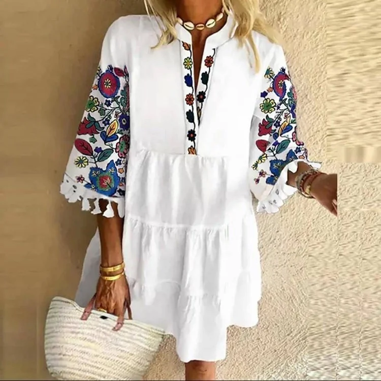 Women's Printed Tassel V-neck Short Dress