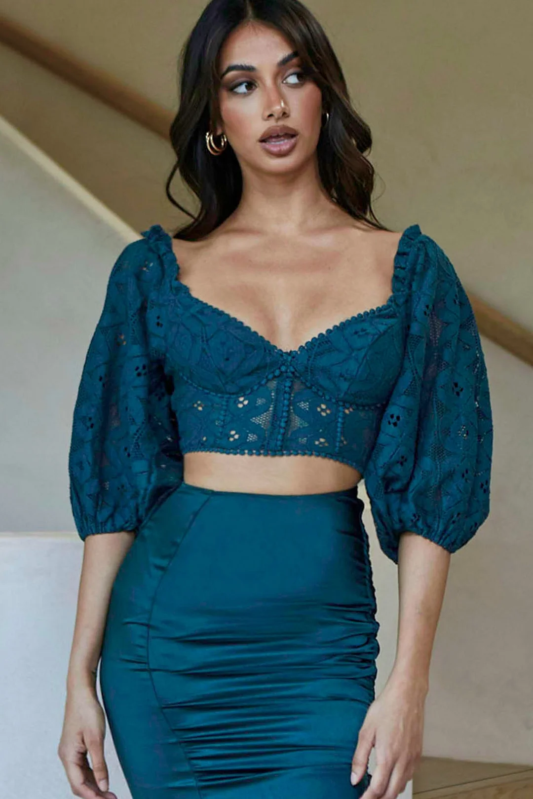 Talk About Me Puff Half Sleeve Circle Trim Crop Top Forest Green