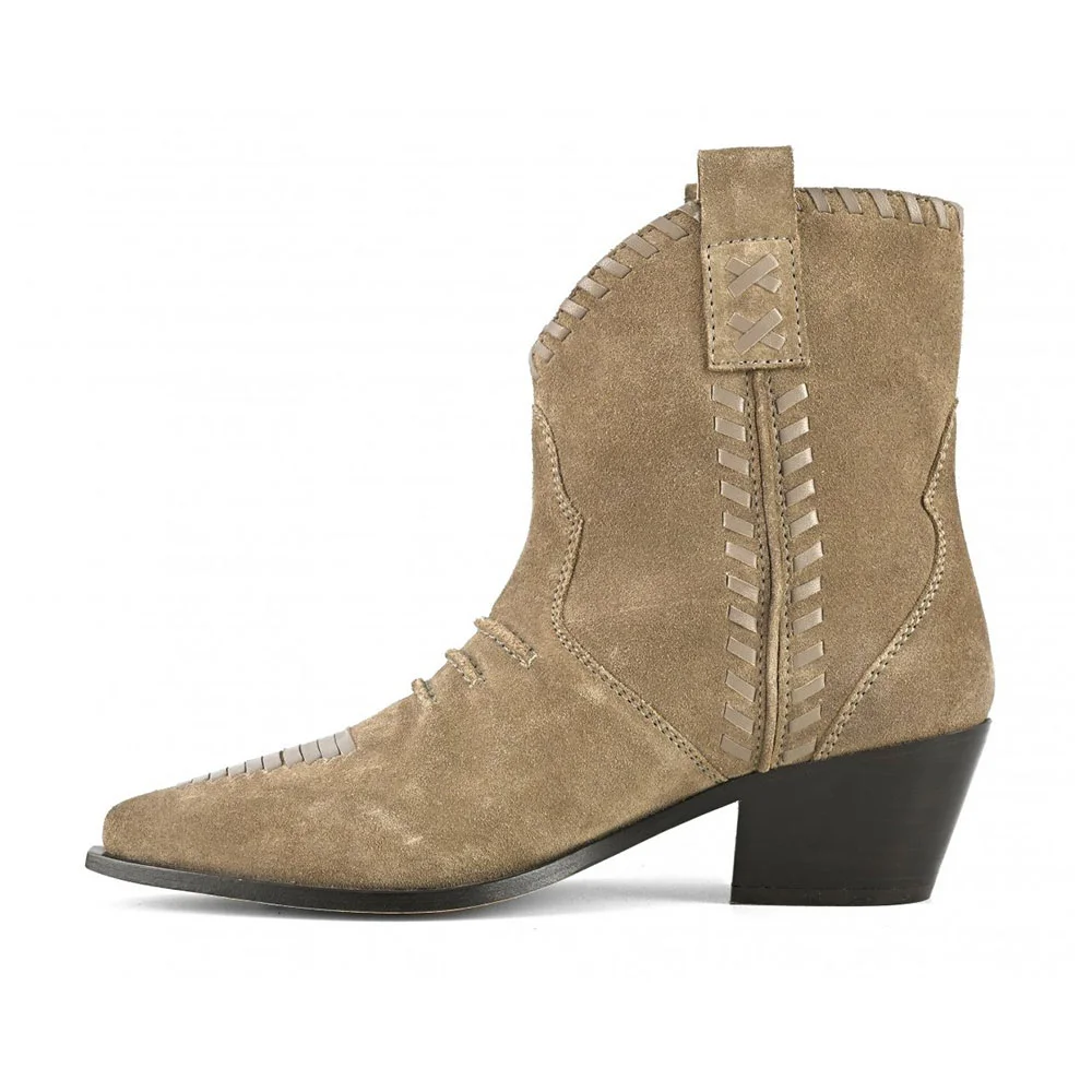 Pointed Toe Block Heel Taupe Braid Short Cowboy Boots for Women
