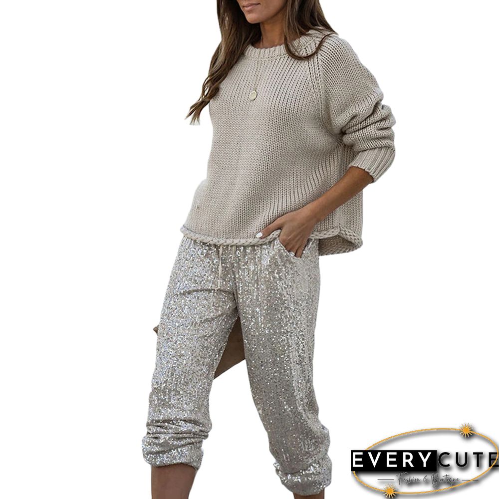 Khaki Solid Long Sleeve Thick Wool Sweater