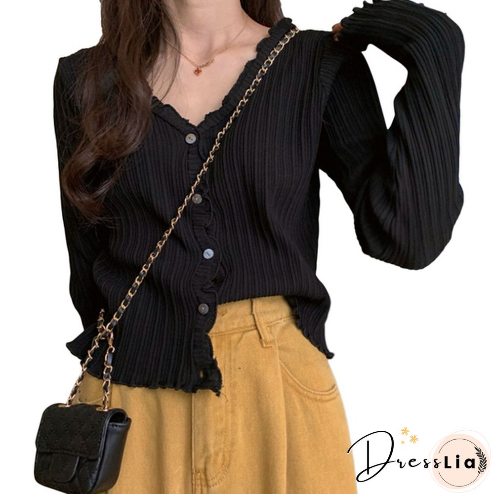 Women's V-neck Long-sleeved Thin Cardigan Short Loose Lazy Top Spring and Autumn