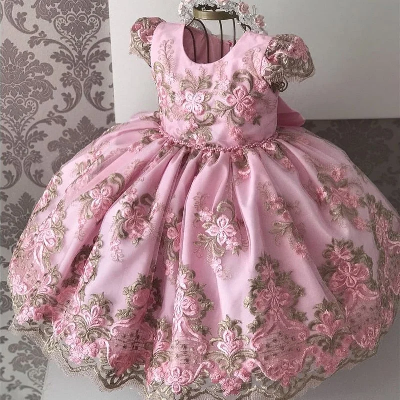Embroidery Flower Wedding Evening Children Clothing Princess Party Kids Dresses for Girls Birthday Party Lace Flower Ball Gown