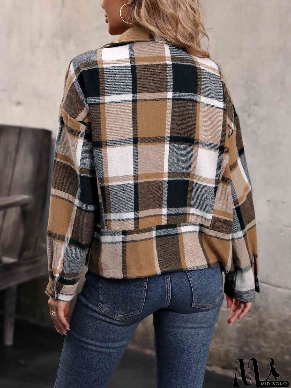 MidiSono - Plaid Collared Neck Long Sleeve Jacket
