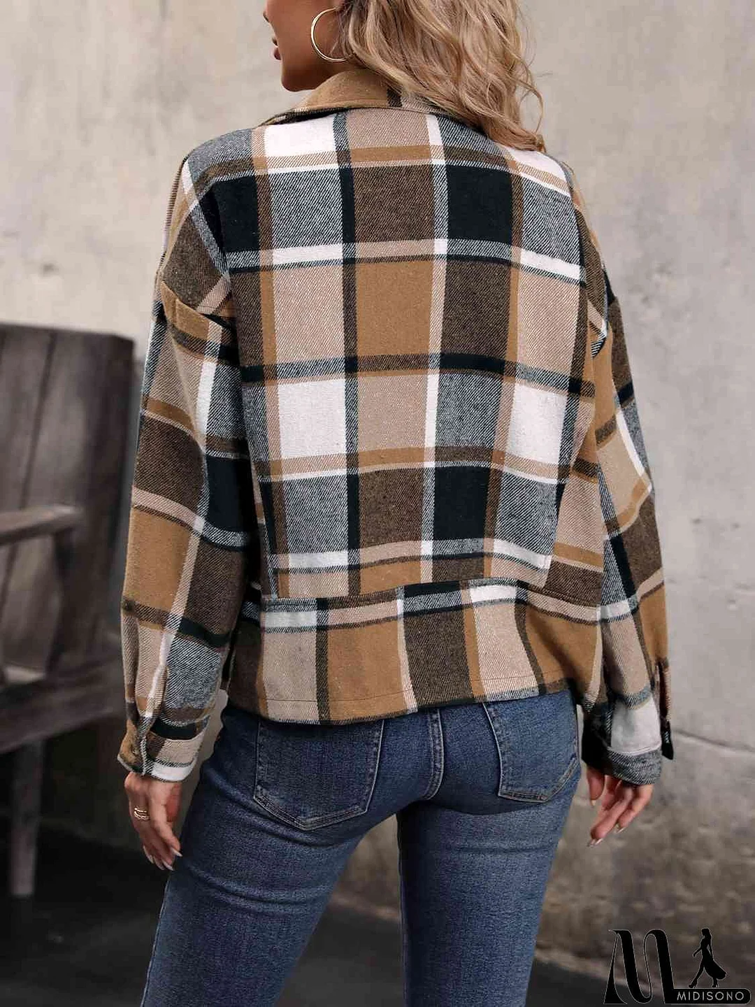 MidiSono - Plaid Collared Neck Long Sleeve Jacket
