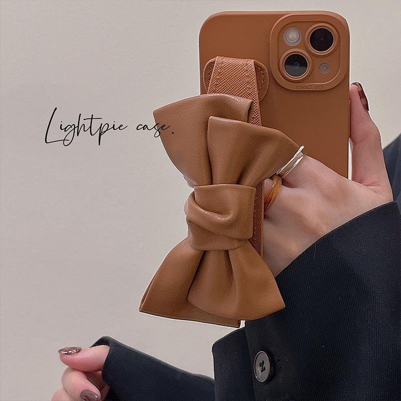 Big Bowknot Wristband Leather Khaki Case For iPhone