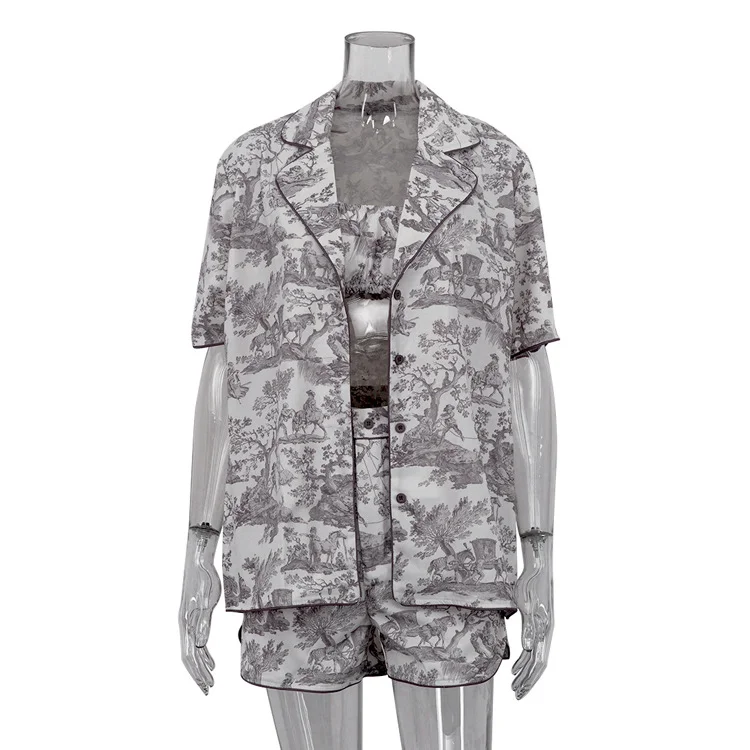 Churchf Churchf New Chinese Style Ink Print Shirt Sling Shorts Three-Piece Retro Fashion Suit Women's Wear
