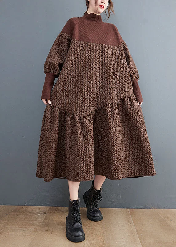 Jacquard Brown Turtleneck Knit Patchwork Long Dress Fall