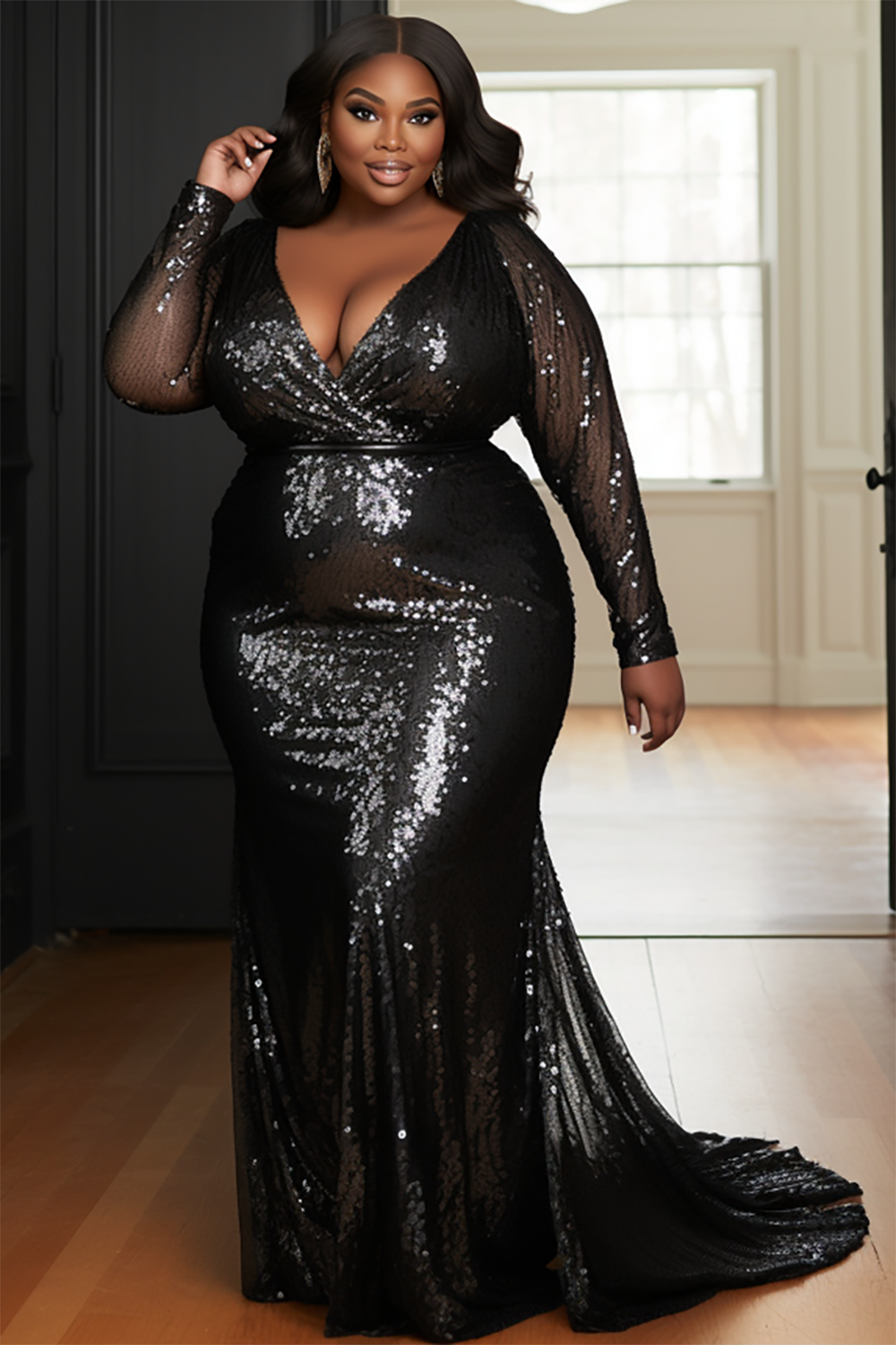 Design Plus Size Formal Elegant Black Wrap Neck Long Sleeve Mermaid Sequin Maxi Dresses [Pre-Order]