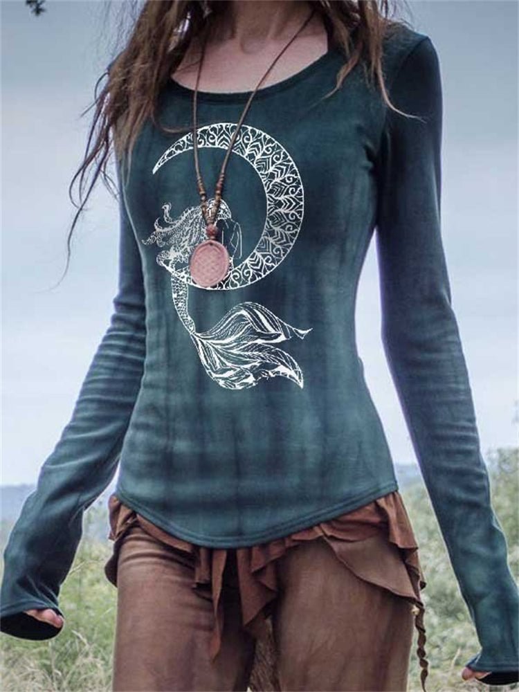 Mermaid Moon Print Tribal Tie Dye T Shirt