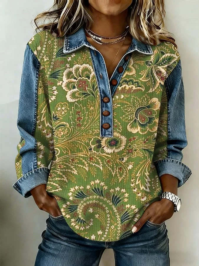 Women's Western-Style Paisley Print Lapel And Button Design Knitted Top 