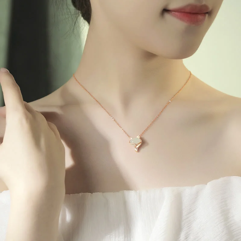 925 Sterling Silver Natural Hetian Jade Fox Luck Necklace Pendant