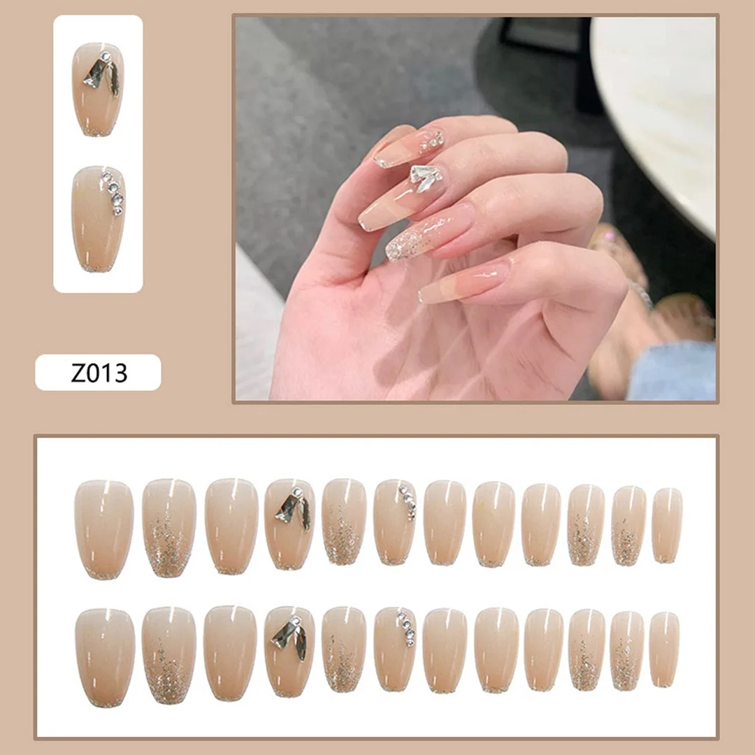 24Pcs Detachable Butterfly Rhinestone French Ballerina False Nails Artificial Coffin Full Cover Fake Nails With Glue Manicure-Nail Inspo