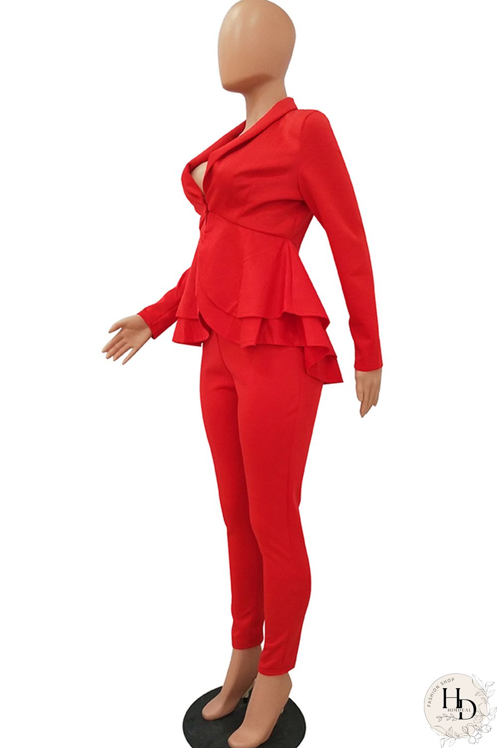 Black Casual Two Piece Suits Patchwork ruffle Solid pencil Long Sleeve