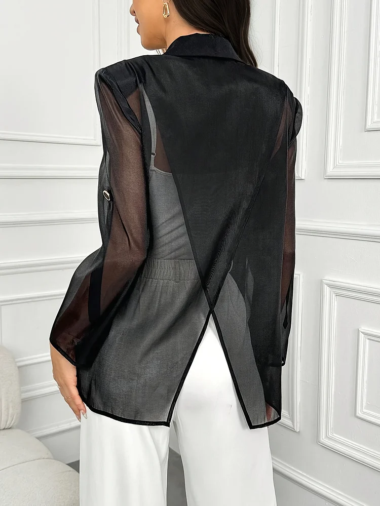 Women's Lightweight Sheer Mesh Panel Backless Blazer - Spring Summer Solid Color Long Sleeve Jacket With Adjustable Chest Pockets, Loose Fit Casual To Semi-Formal Wear, Versatile Layering Piece, Semiformal Attire, Elegant Design