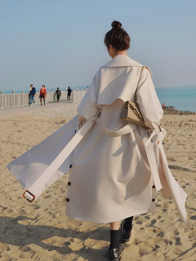 Korean Style Fashion Long Double-Breasted Women Trench Coat Beige Duster Coat for Lady Spring Autumn Female Cloak Outerwear
