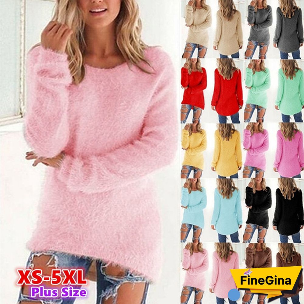 New Autumn and Winter Solid Color Warm Pullover Tops Women Long Sleeve Knitted Sweaters Plus Size