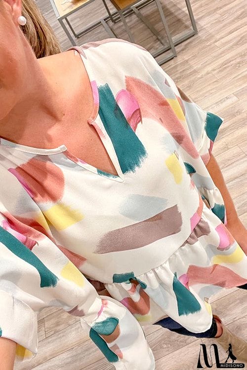 MidiSono - Print Cuffed Sleeves Peplum Blouse