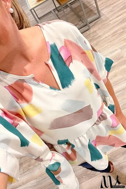 MidiSono - Print Cuffed Sleeves Peplum Blouse