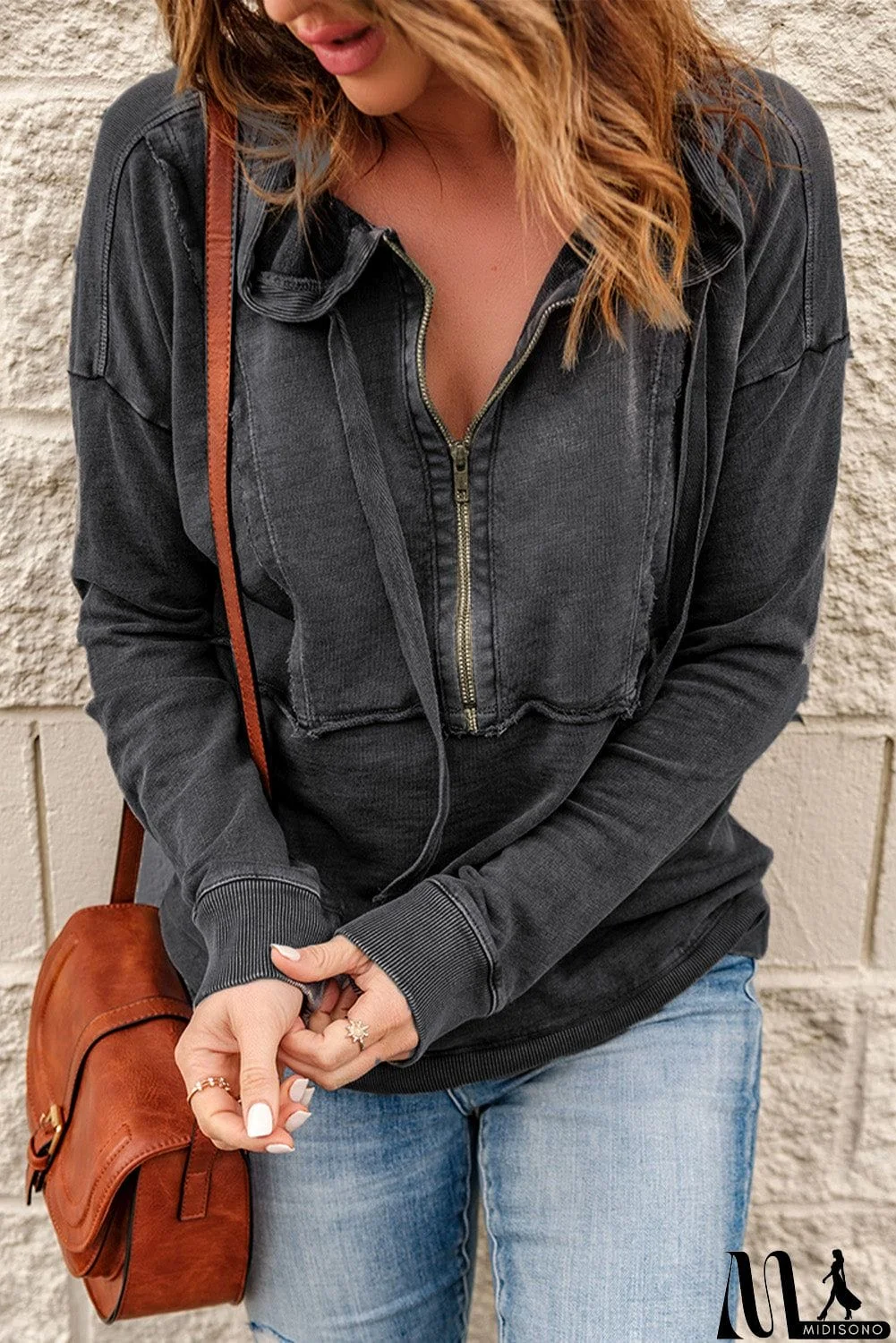 MidiSono - Zipped Front Stitching Hooded Sweatshirt