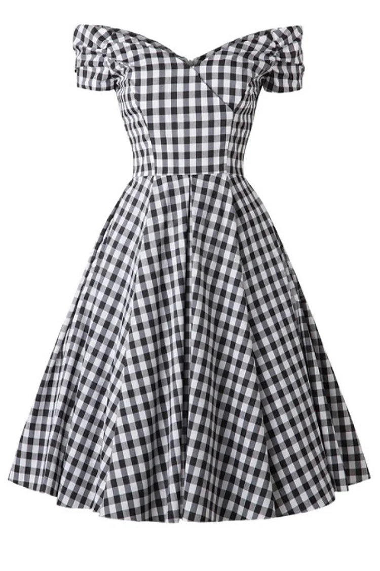 1950s Black Casual Plaid Off The Shoulder Fitted Waist Swing Mini Dress