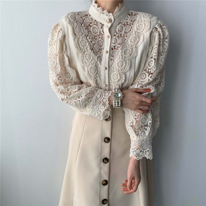 Chic Hollow Out Patchwork Lace Lady Soft Casual Warm All-Match Stylish Blouses