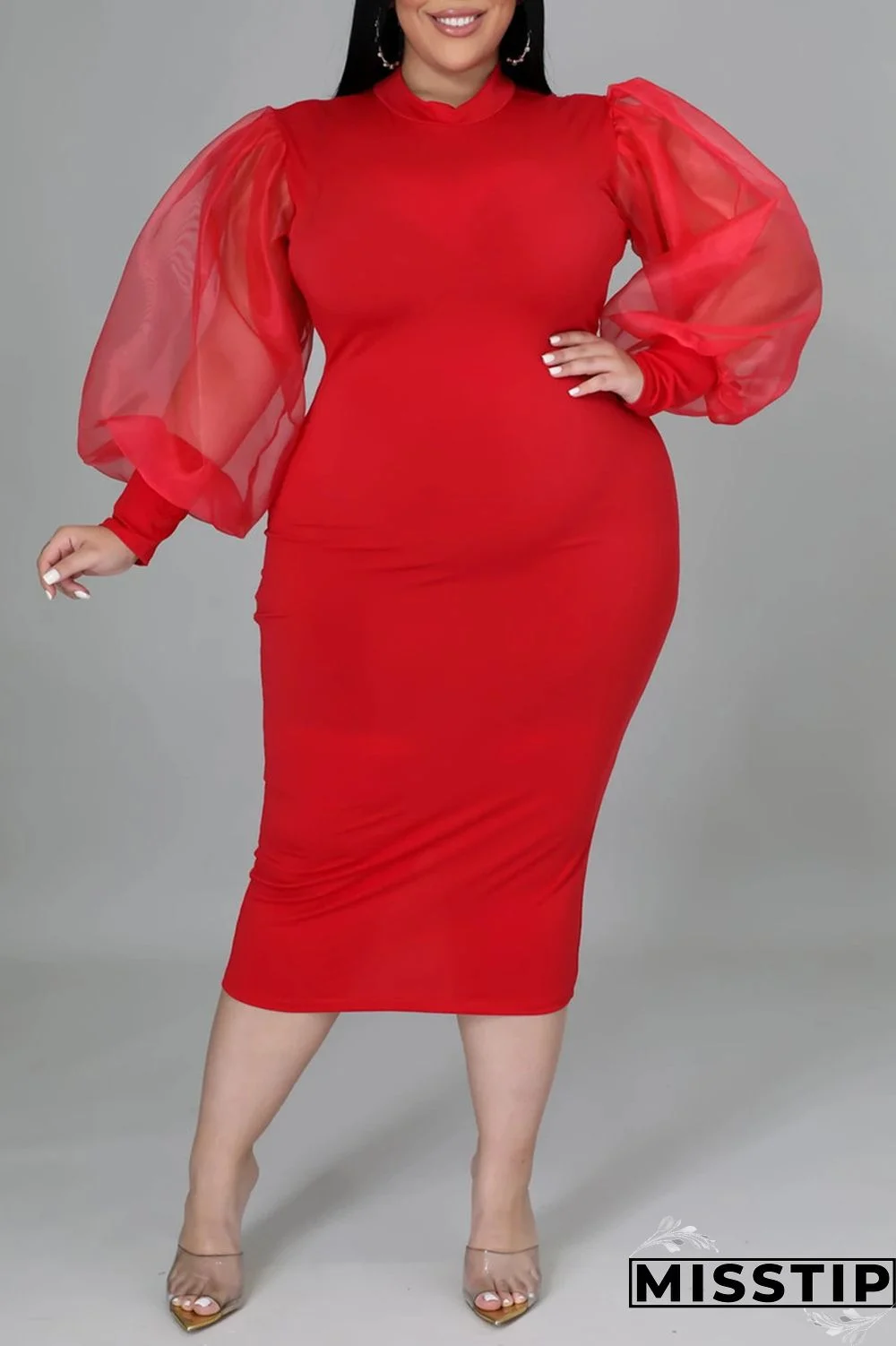 Red Fashion Casual Solid Patchwork Slit O Neck Long Sleeve Plus Size Dress