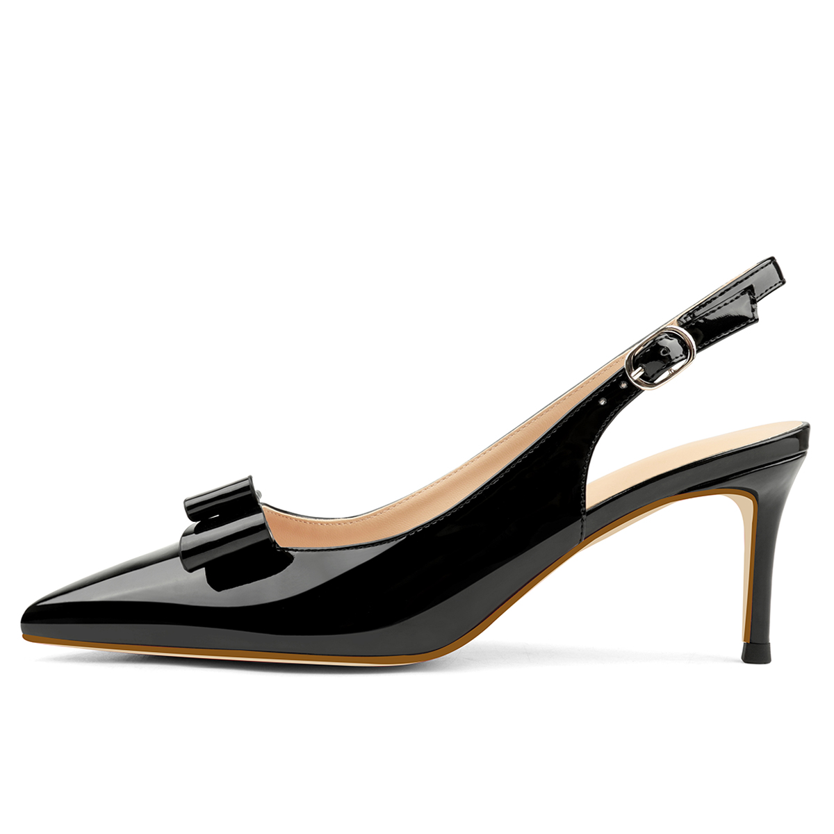 6.5cm /2.55 inch Pointed Toe Bows Slingback Buckle Pumps Kitten Patent Heels