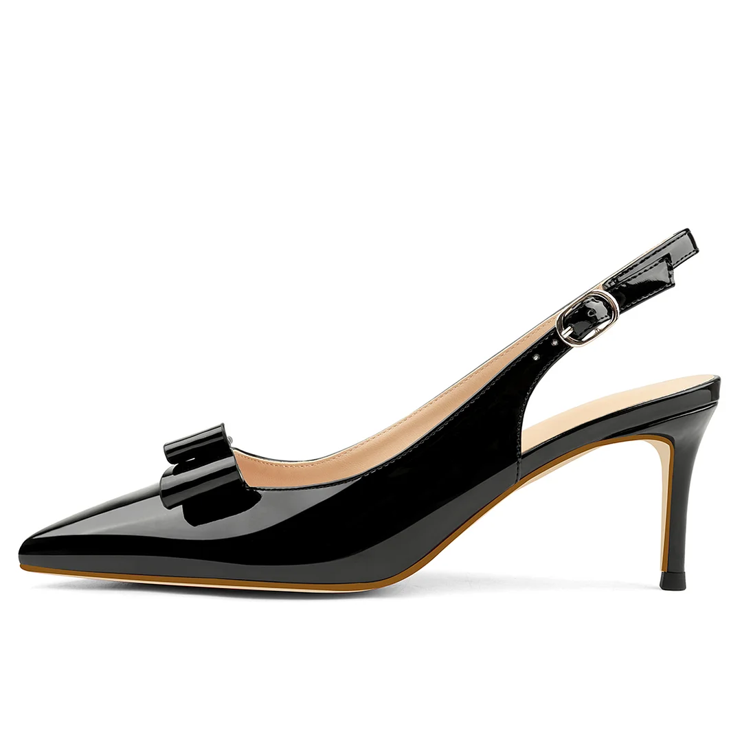 6.5cm /2.55 inch Pointed Toe Bows Slingback Buckle Pumps Kitten Patent Heels