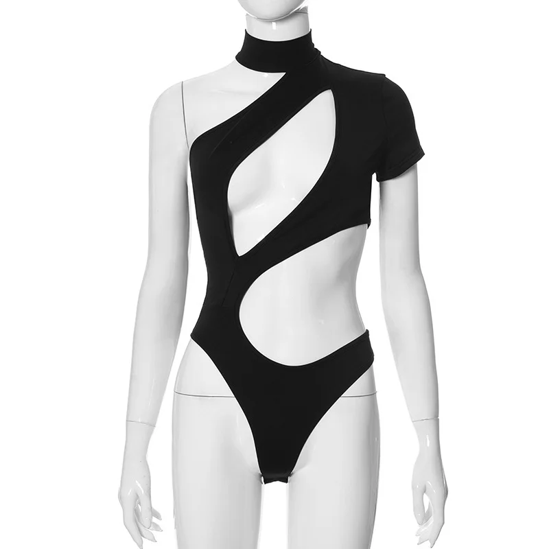 Brownm Brownm Women's Summer New Solid Color Sexy Single Sleeve Hollow Out Slim Basic Jumpsuit 2024