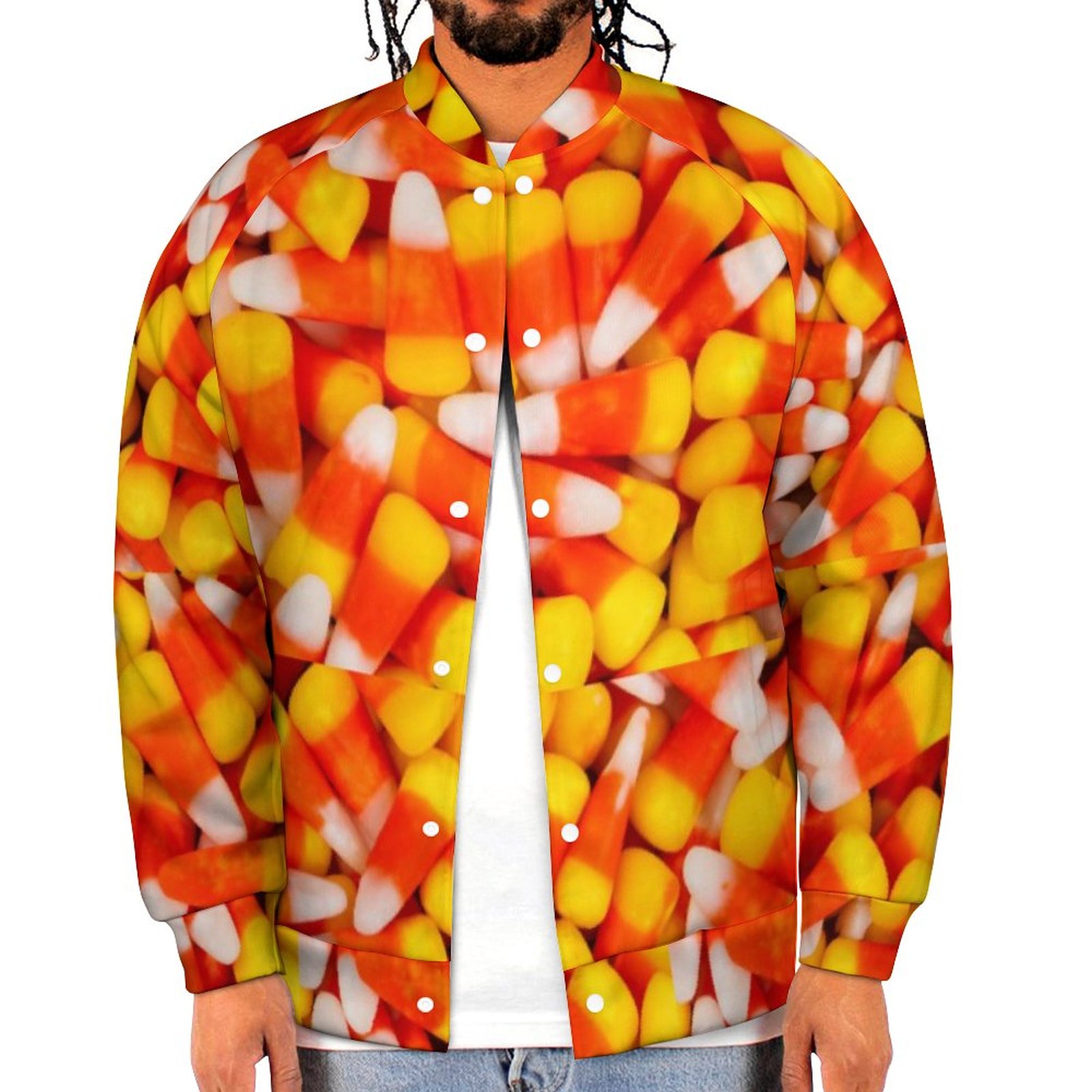 Spring and Fall Candy Corn Sweatshirt Jacket Men Casual Lightweight Button Up Bomber Jacket Outwear