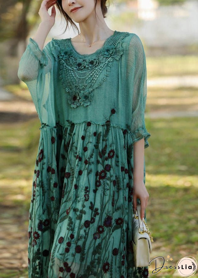 Stylish Lake Green Embroideried Patchwork Silk Long Dress Half Sleeve