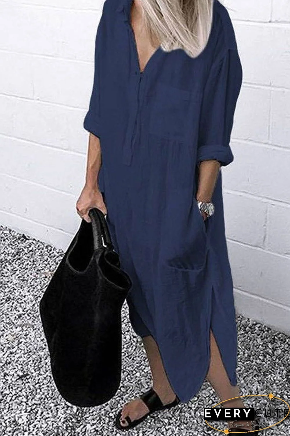 Casual Solid Color Split Shirt Dress