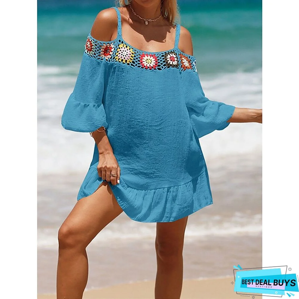 Women's Cover Up Beach Dress Beach Wear Mini Dress Ruffle Backless Ethnic Casual Floral Spaghetti Strap 3/4 Length Sleeve Loose Fit Outdoor Daily Black White 2023 Spring Summer One Size