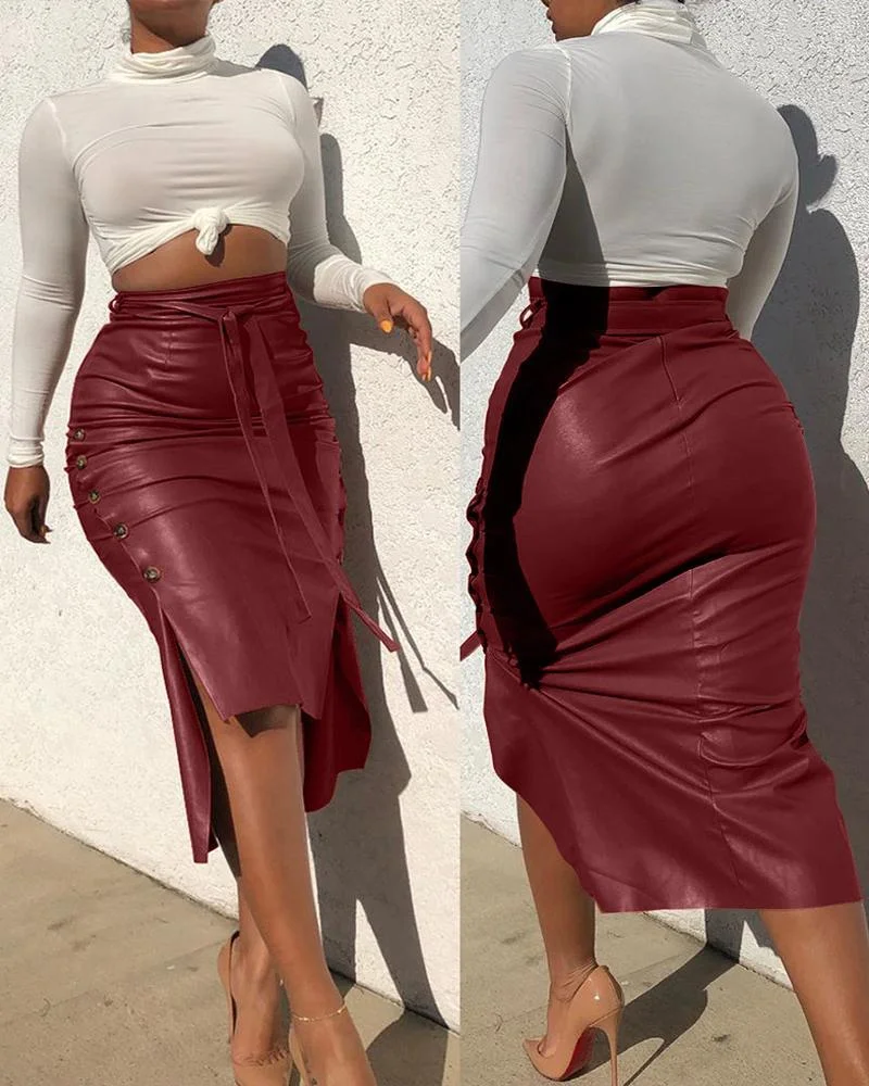 Buttoned Slit PU Leather Midi Skirt P10427