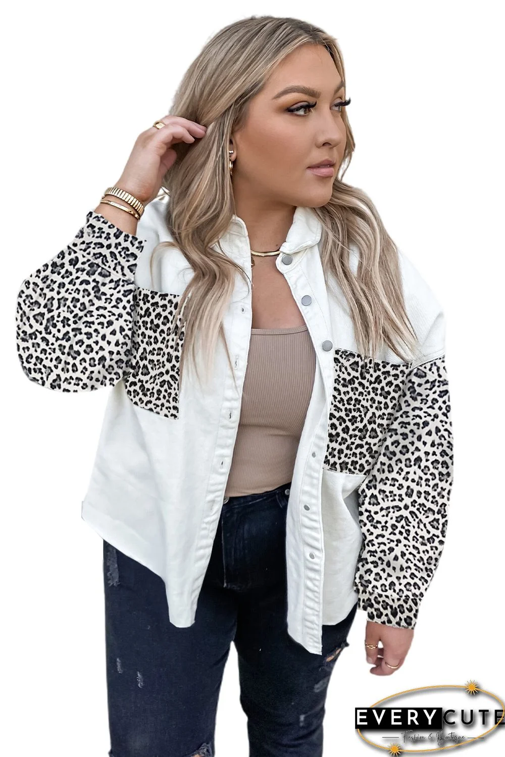 White Plus Size Leopard Splicing Button Denim Jacket