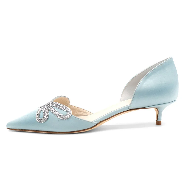 Light Blue Satin Bridesmaid Shoes Silver Glitter Bow Kitten Heels |FSJ Shoes