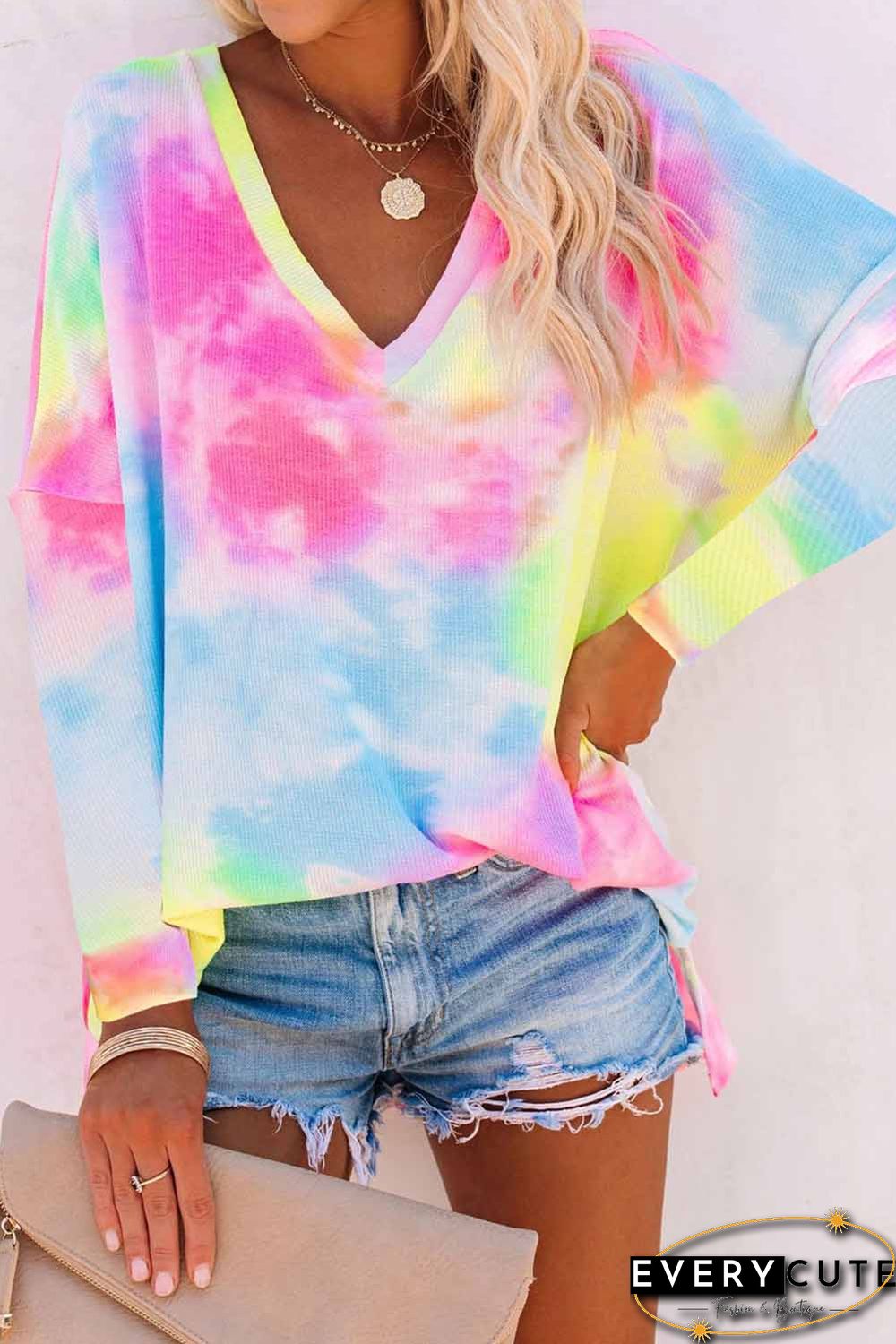 Multicolor Tie-dye V Neck Pullover Long Sleeve Top