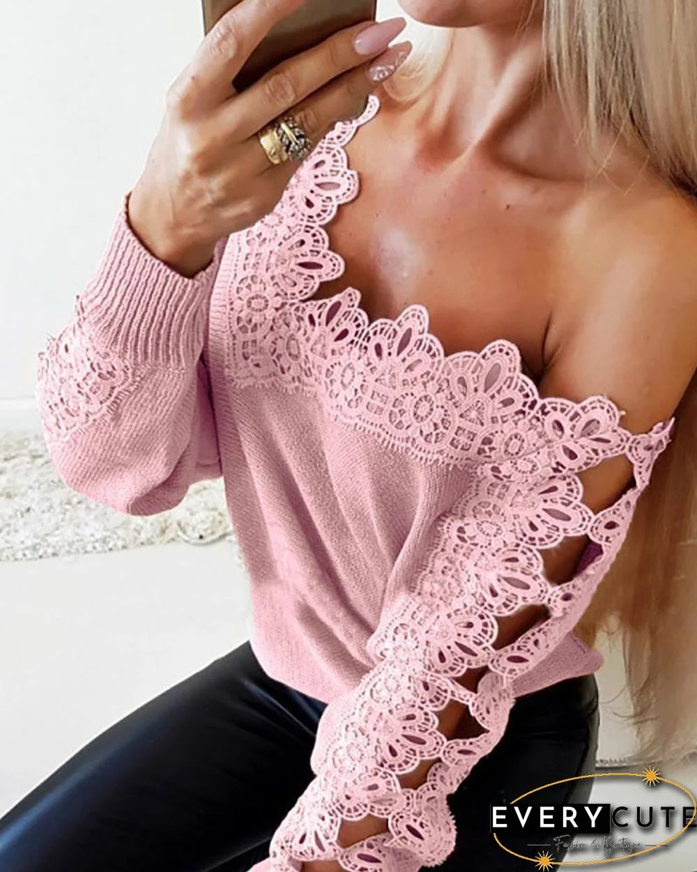 Off Shoulder Hollow out Trim Blouse P13613