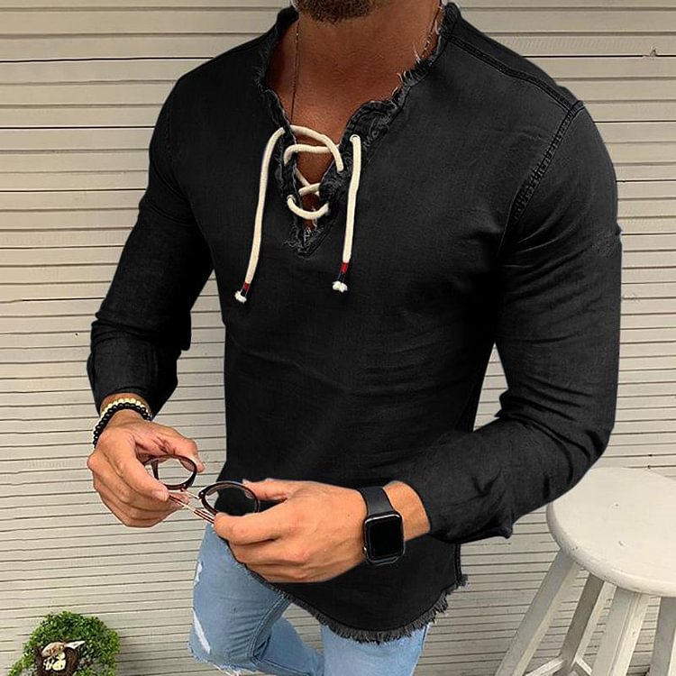 BrosWear Men's Self-tie V-neck Solid Color Long Sleeve Shirt Black